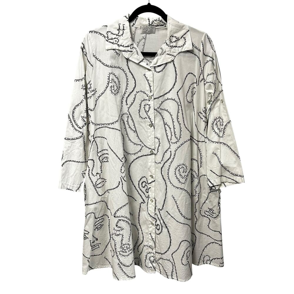 AQRL White Black Abstract Affirmation Faces Button Up Dress Womens One Size